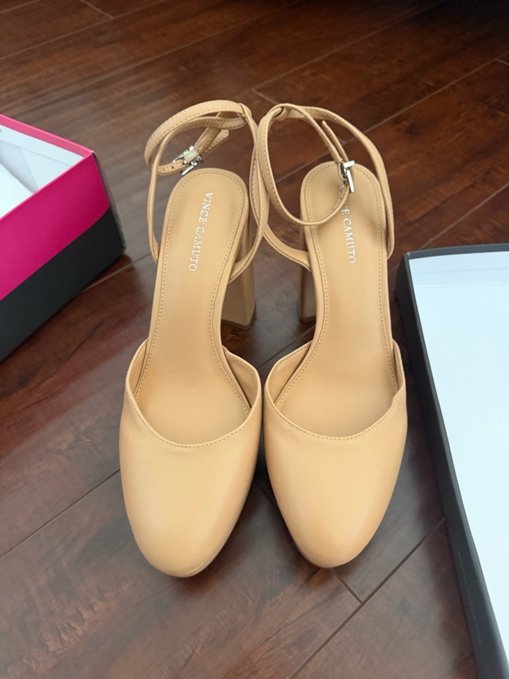 Vince Camuto Beige Tan Ankle-Strap Block Heel Pumps